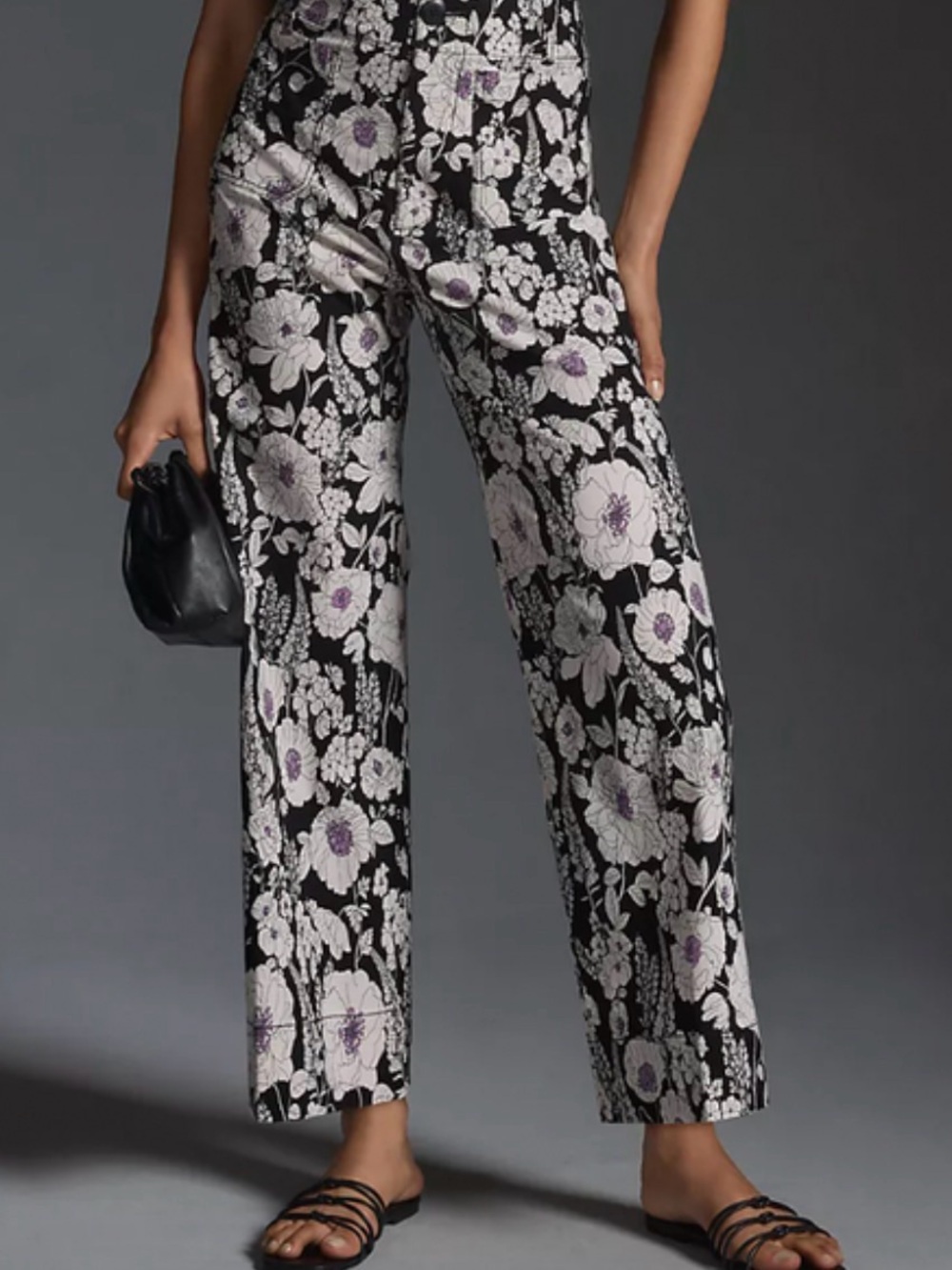 Anthropologie Black Wide-Leg Floral Pants with White & Lavender Blooms